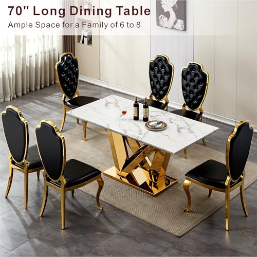 Marble Dining Table for 6 People, 70'' Rectangle Faux Marble Dining Table with Mirrored Stainless Steel Base, Large Size Marble Kitchen Table (Gold,White)(ONLY Table)