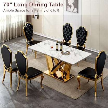 Marble Dining Table for 6 People, 70'' Rectangle Faux Marble Dining Table with Mirrored Stainless Steel Base, Large Size Marble Kitchen Table (Gold,White)(ONLY Table)