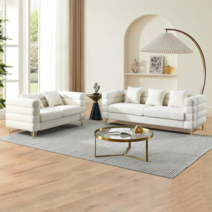 Luxury Teddy Sofa Set for Living Room, Modern Decor Furniture Sectional Sofa, 3 Seater Couch and Loveseat with 5 Pillows for Apartment, Office, Hall (White)