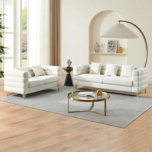 Luxury Teddy Sofa Set for Living Room, Modern Decor Furniture Sectional Sofa, 3 Seater Couch and Loveseat with 5 Pillows for Apartment, Office, Hall (White)