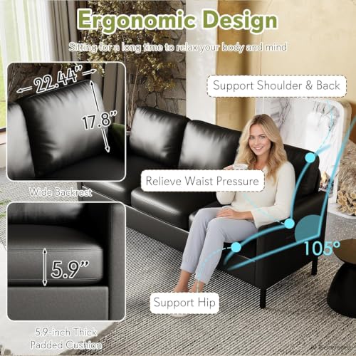 72" W Faux Leather Black Sofa 3 Seat Couch, Modern Comfy Couch with 2 USB, Small Couches for Living Room Apartment Bedroom Small Spaces, Office(Black)