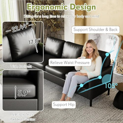 72" W Faux Leather Black Sofa 3 Seat Couch, Modern Comfy Couch with 2 USB, Small Couches for Living Room Apartment Bedroom Small Spaces, Office(Black)