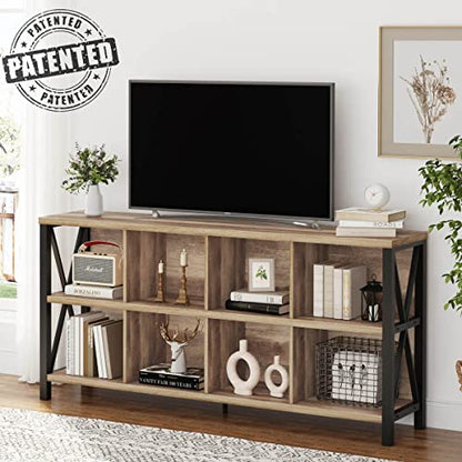 8 Cube Storage Organizer Bookshelf, 62 Inch Rustic Wood Horizontal Bookcase, Industrial Cube Long Book Shelf for Living Room (Rustic Oak)