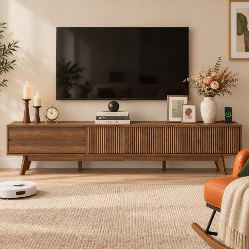 94" Fluted TV Stand with Power Outlet, Living Room TV Stand Walnut, view 8