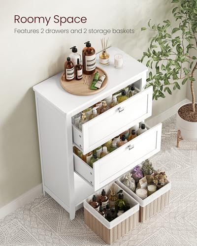 VASAGLE Storage Cabinet, Freestanding Floor Cabinet, 2 Drawers with 1 Set of Adjustable Divider, 2 Baskets, Sideboard, 11.8 x 23.6 x 31.5 Inches, for Bathroom, Living Room, Cloud White UBBC545W02
