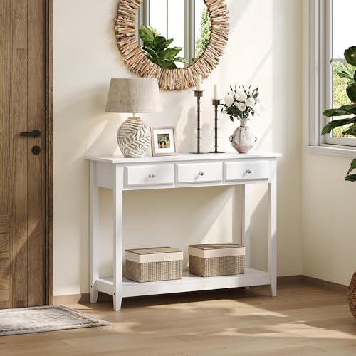 Yaheetech Console Table with 3 Drawers, 42" Entryway Table with Storage Shelves, Narrow Long Sofa Couch Tables for Living Room, Hallway, Foyer, Hall, White