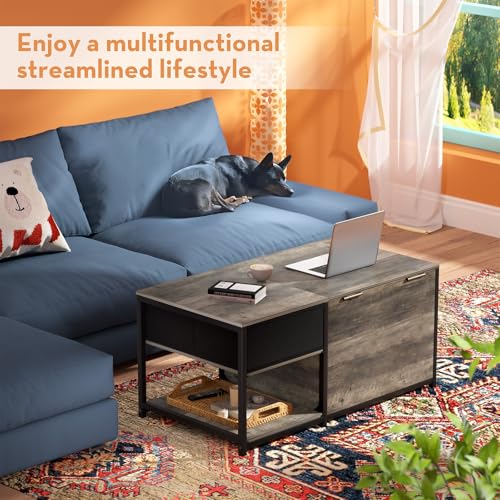 Coffee Table with Storage, Rectangular Coffee Tables for Living Room, Farmhouse Coffee Table with Hidden Storage Compartment and Adjustable Shelves, Grey Wash