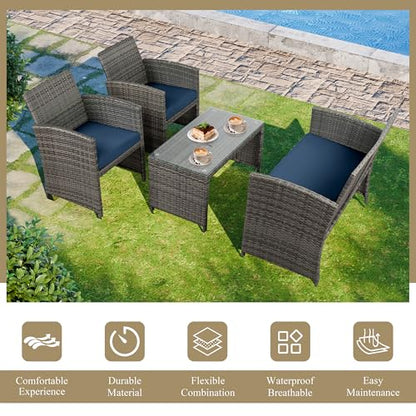 4 Piece Outdoor Patio Furniture Set, Outdoor Wicker Rattan Chairs Conversation Sets with Cushions & Coffee Table for Outside, Garden, Balcony, Porch, Dark Blue