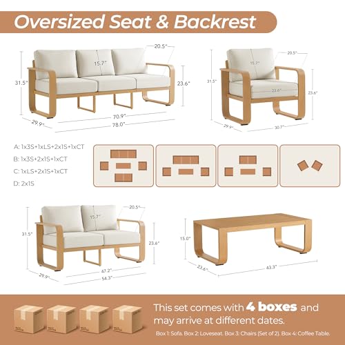 CHITA Aluminum Outdoor Loveseat Sofa, Patio Sofa with 6.3in Thick Cushion | 100% Aluminum Frame, Wood-Like Finish Grain, 6.3in Thickened Cushion, OEKO-TEX Olefin Washable Covers, Anti-slip Straps