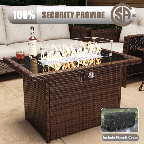 10 Piece Wicker Patio Furniture Set with Fire Pit Table, Classis Outdoor Conversation 360 Degree Swivel Chairs Set with Coffee Table