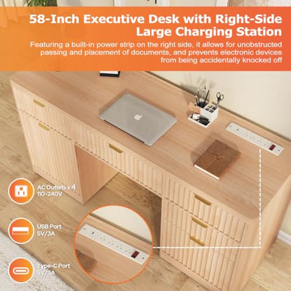 58" Fluted Executive Desk, Wood Home Office Desk (Natural), view 7