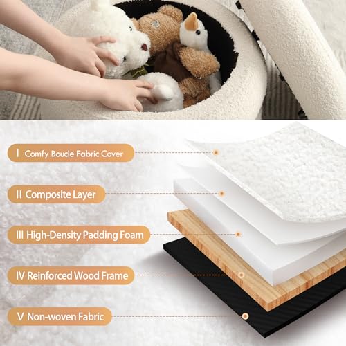 20" Round Storage Ottoman with Removable Lid, Off-White Boucle Fabric Footrest Pouf, Sherpa Tufted Small Coffee Table Vanity Ottoman Foot Stools for Living Room Couch, Bedroom, Dorm, Nursery
