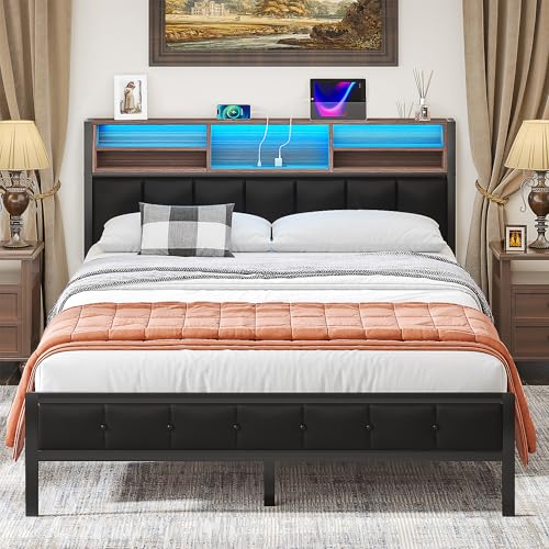 Metal bed frame with wooden accents, black, LED lighting and storage, view 2