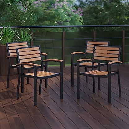 Stackable Aluminum Patio Chair - All-Weather Black Framed Side Chair with Faux Teak Slats - Commercial Grade - Set of 4