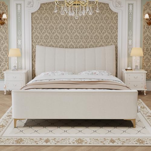 Queen Size Platform Bed Frame, Beige, view 2