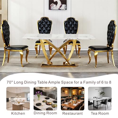 Marble Dining Table for 6 People, 70'' Rectangle Faux Marble Dining Table with Mirrored Stainless Steel Base, Large Size Marble Kitchen Table (Gold,White)(only Table)