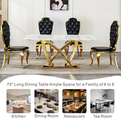 Marble Dining Table for 6 People, 70'' Rectangle Faux Marble Dining Table with Mirrored Stainless Steel Base, Large Size Marble Kitchen Table (Gold,White)(only Table)