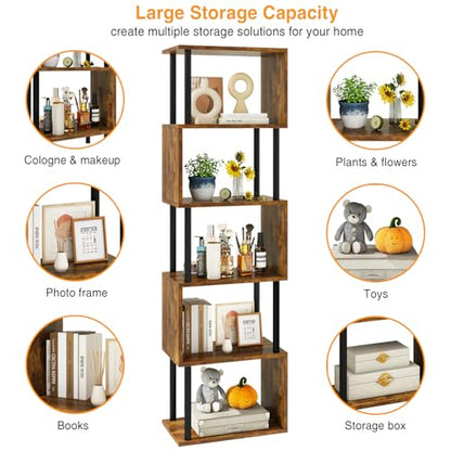 6-Tier Tall Bookshelf,S-Shaped Geometric Bookcase,Brown WBC016H | Wood Display Shelves with Storage Industrial Decorative Storage Shelving for Living Room Bedroom Home Office