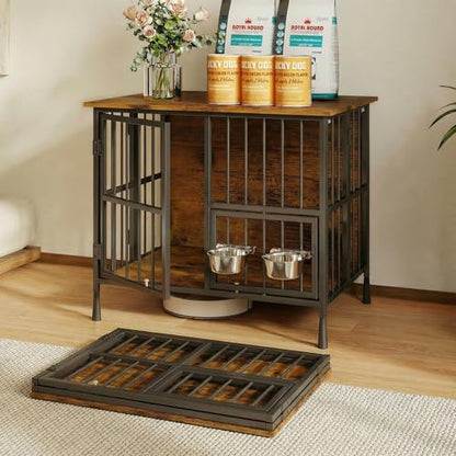 27'' Foldable Dog Crate Furniture, Small Dog Kennel with 2 Bowls, view 2