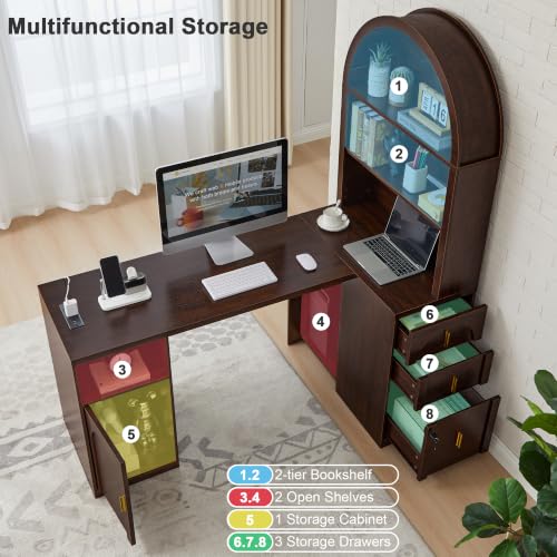 63 inch L-Shaped Desk with Arched Hutch Bookshelf, Dark Walnut, view 6