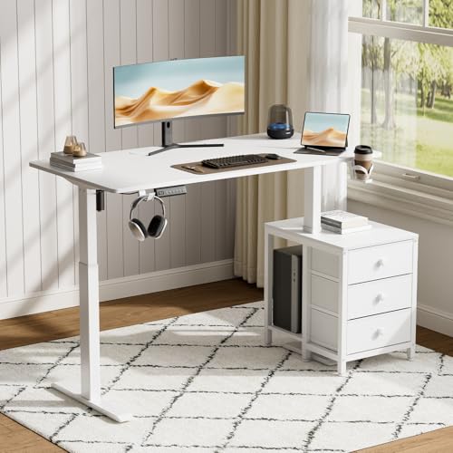 Electric Standing Desk with Drawers, 55 x 24 Inches Height Adjustable Sit Stand Desk with Storage, 3 Memory Preset Home Office Computer Desk, Printer Cabinet, 2 Hooks, Cable Management, White