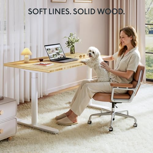 FLEXISPOT Solid Bamboo Standing Desk, 55" x 28" Real Bamboo Desktop with Natural Grain, Durable & Sustainable Workstation for Home Office and Multi-Monitor Setups (White Oval Legs)
