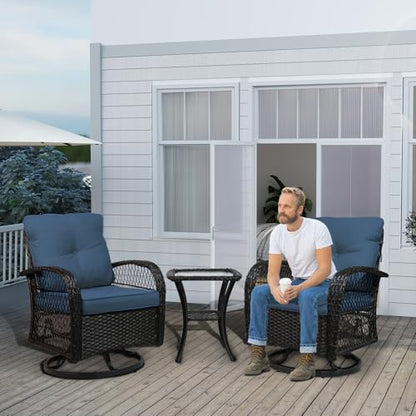 YLGJ&TIDY Outdoor Patio Furniture 3PCS Set Wicker Swivel Rocking Armchairs Set of 2 Rattan Coffee Table Cushions Patio Swivel Glider Chairs Set for Backyard Balcony Garden (Blue, Wicker 1)