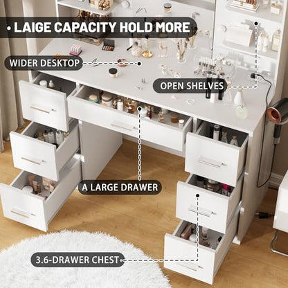 Vanity Desk with LED Mirror,Power Outlet,7 Drawers Makeup Table, view 7