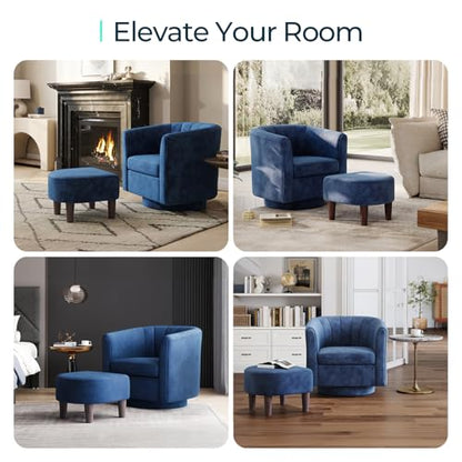 Swivel Accent Chair with Ottoman: Small Velvet Barrel Chair 360 Swivel Modern Armchair, Upholstered Reading Chair with Footrest for Living Room Bedroom Study Room (Blue)