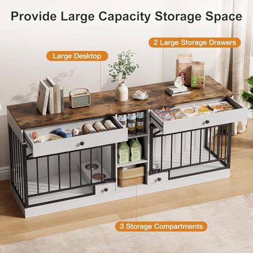 Dog Crate Furniture for 2 Dogs, Dog Kennel Indoor with Storage and Feeding Bowls, view 5