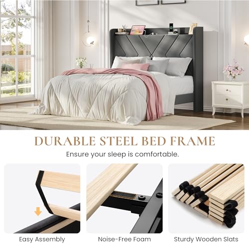 Queen Bed Frame, Velvet Upholstered Platform Bed Frame with Wingback Storage Headboard & Charging Station, Geometric Tufted Design, No Box Spring Needed, Easy Assembly, Grey