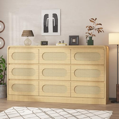 Rattan Dresser for Bedroom, 9 Drawer Dresser with Charging Station, Farmhouse Wood Chest of Drawer with Strong Base, Storage Organizer for Living Room, Hallway, Natural