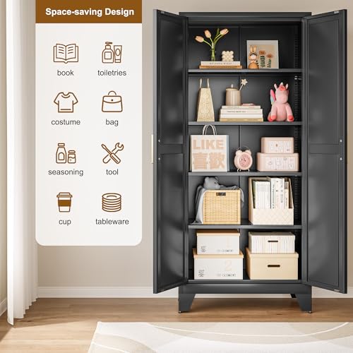 71" Metal Storage Cabinet with Doors and Shelves, Tall Pantry Cabinet in Black with 2 Doors & 4 Adjustable Shelves, All-Steel Farmhouse Cupboard for Kitchen, Living Room,Home Office,Garage