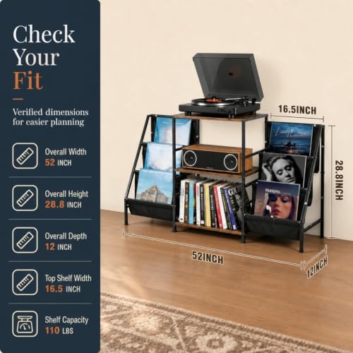 Record Player Stand with Storage, Vinyl Record Holder with Power Outlet, view 3