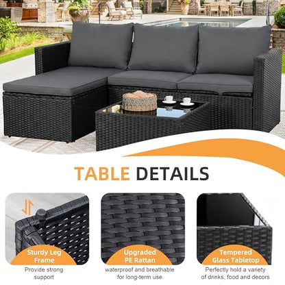 4 Pieces Patio Furniture Set, 2-in-1 Convertible Sectional Sofa & Chaise Lounge, All-Weather Wicker Rattan Sofa Couch with Cushions & Coffee Table for Yard, Garden, Porch, Poolside (Gray)