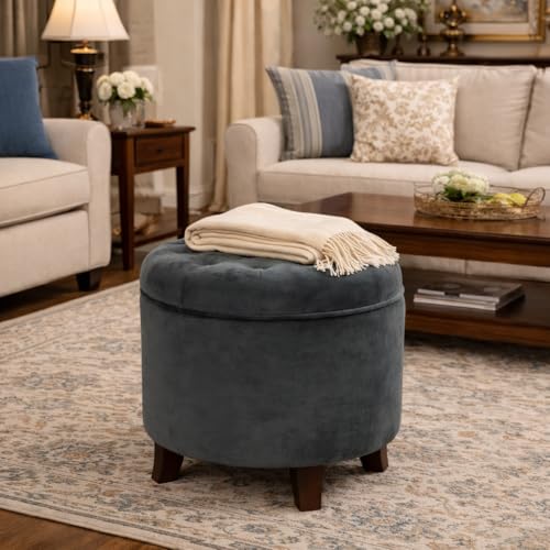 Home Decor | Upholstered Round Velvet Tufted Foot Rest Ottoman | Ottoman with Storage for Living Room & Bedroom | Decorative Home Furniture, Dark Gray Small