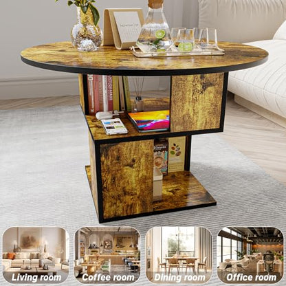 Round Coffee Table with Storage,3-Tier Coffee Table for Living Room,Wooden Tabletop-Caramel Brown with Black Frame