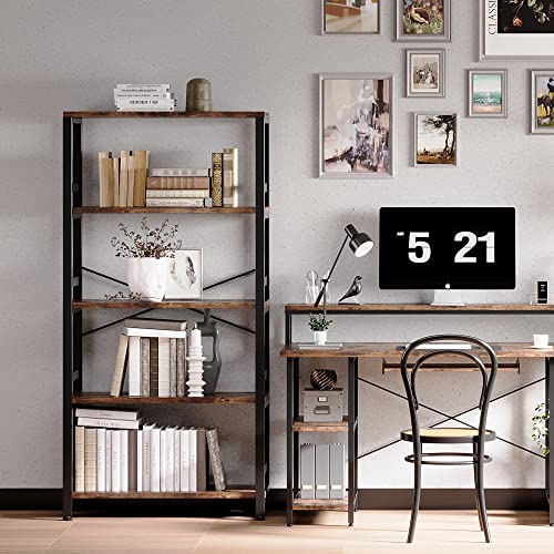 Bookshelves and Bookcases, 31.5in Wide Shelf 5-Tier Ladder Shelf 110lbs/shelf Vintage Industrial Style Bookcase for Bedroom Living Room Home, Vintage Brown