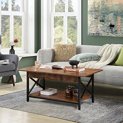 Industrial Coffee Table, 2-Tier Wood Cocktail Tea Table with Storage Shelf and X-Shape Steel Frame, Rectangle Sofa Side Accent Table for Living Room Home Office, Rustic Brown