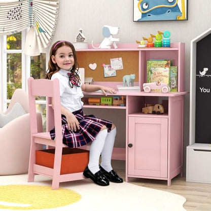 Pink Kids Desk and Chair Set, Kids Desk Chair with Storage and Shelf, Wooden Kids Table and Chairs for Bedroom and Study, Craft Table with Storage Gifts for Girls to Study