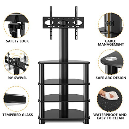 TAVR 4-Tiers Media Component Swivel TV Stand for 32-70 inch TVs | Height Adjustable TV Mount Stand with Tempered Glass Audio Shelf, Floor Tall TV Stand for Bedroom, Living Room, Office, Black