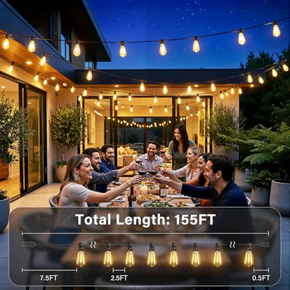 Outdoor String Lights 155FT, Shatterproof Connectable Patio Lights with 60 ST38 Edison LED Bulbs, 2200K Warm White Waterproof String Lights for Outside Backyard, Gazebo, Porch, Balcony, Bistro