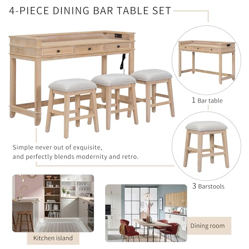 4 -Piece Farmhouse Dining Table Set with USB Charging/Drawers Wood Table with 3 Cushion Stool for Kitchen Dining Room Natural Wood Wash