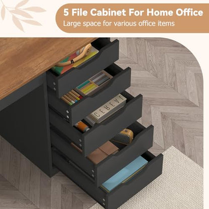 47 Inch Computer Desk with 5 Drawers and Power Outlets, Home Office Desks with Storage File Cabinet, Modern Simple Laptop Desk Writing Table for Small Spaces, Brown and Black