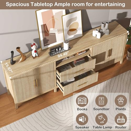 Oak TV Stand Long: 95" Fluted Entertainment Center for 100" TVs, view 7