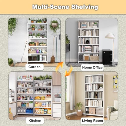 Bookshelf, 69" Tall White Bookshelf with 5 Storage Shelves, Large Metal Bookshelves, 5 Tier Sturdy Bookcase for Living Room, Library, Office, Bedroom, Including Book Stopper,Simple Assembly