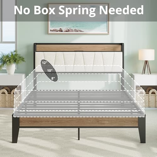Queen Bed Frames, Storage Headboard with Charging Station, Solid and Stable, view 7
