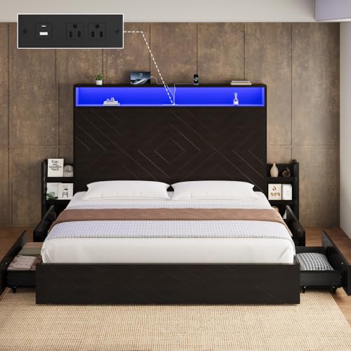 King Size Bed Frame with Bedside Storage & 4 Drawers, Black Walnut, view 2