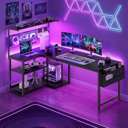 55in L Shaped Gaming Desk with Pegboard & Shelf & Storage Bag, Black, view 3