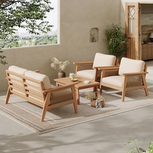 Lorna 4-Seater Patio Furniture Set with Removable Cushion, 4 Piece Outdoor Acacia Wood Conversation Set, Sold Wood Outdoor Sectional Sofa Set with Coffee Table, Teak+Beige